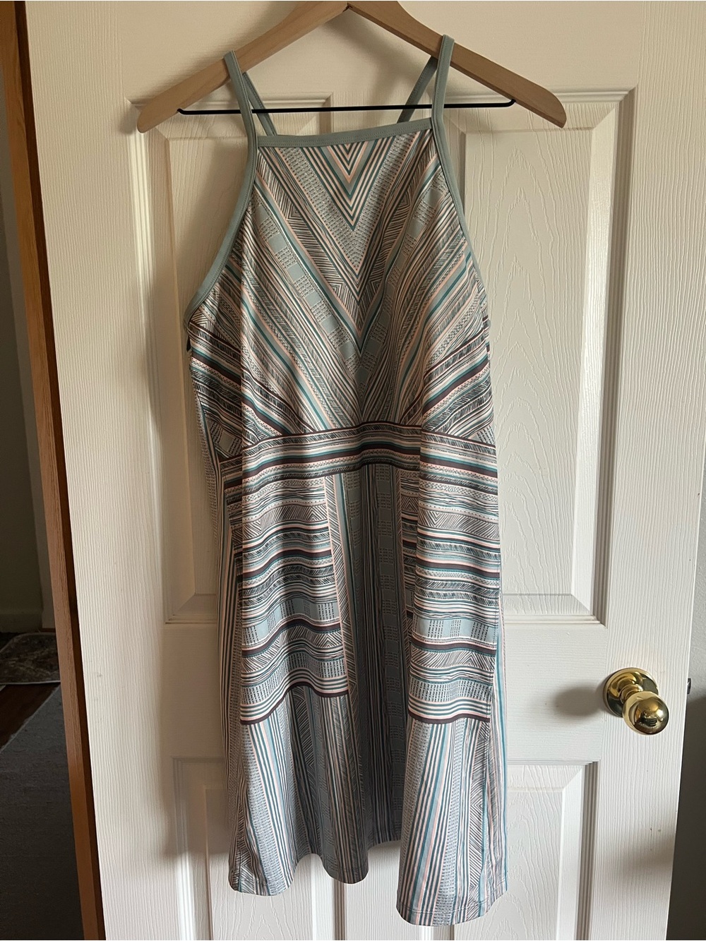 Prana Striped Halter Midi Dress in Sage, Cream and Brown